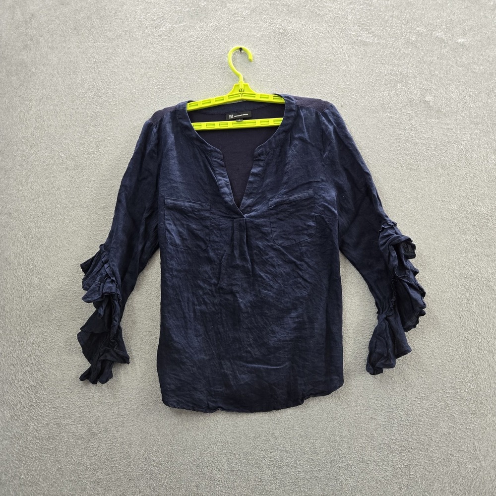 INC Women Blouse L Navy Blue Linen Rayon V-Neck Fairy Grunge Witchy Coastal